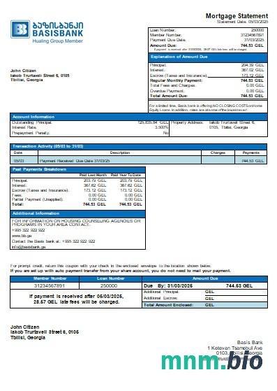 Gruzja Bank Basis wyciąg z kredytu hipotecznego szablon Word i PDF